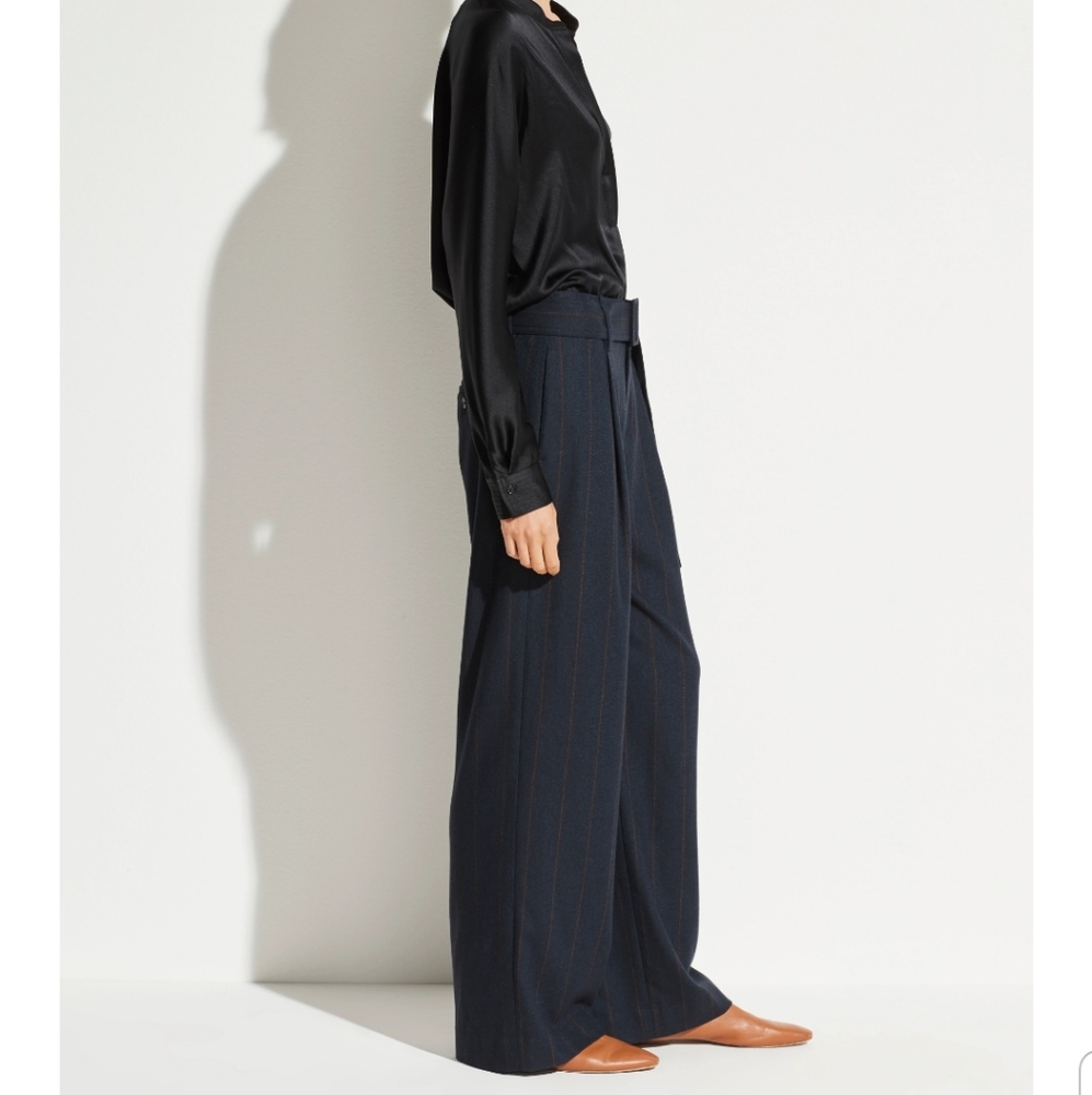 Front Pleat Striped Wide Leg Pants Dark Blue Size 10 - Picture 5 of 13